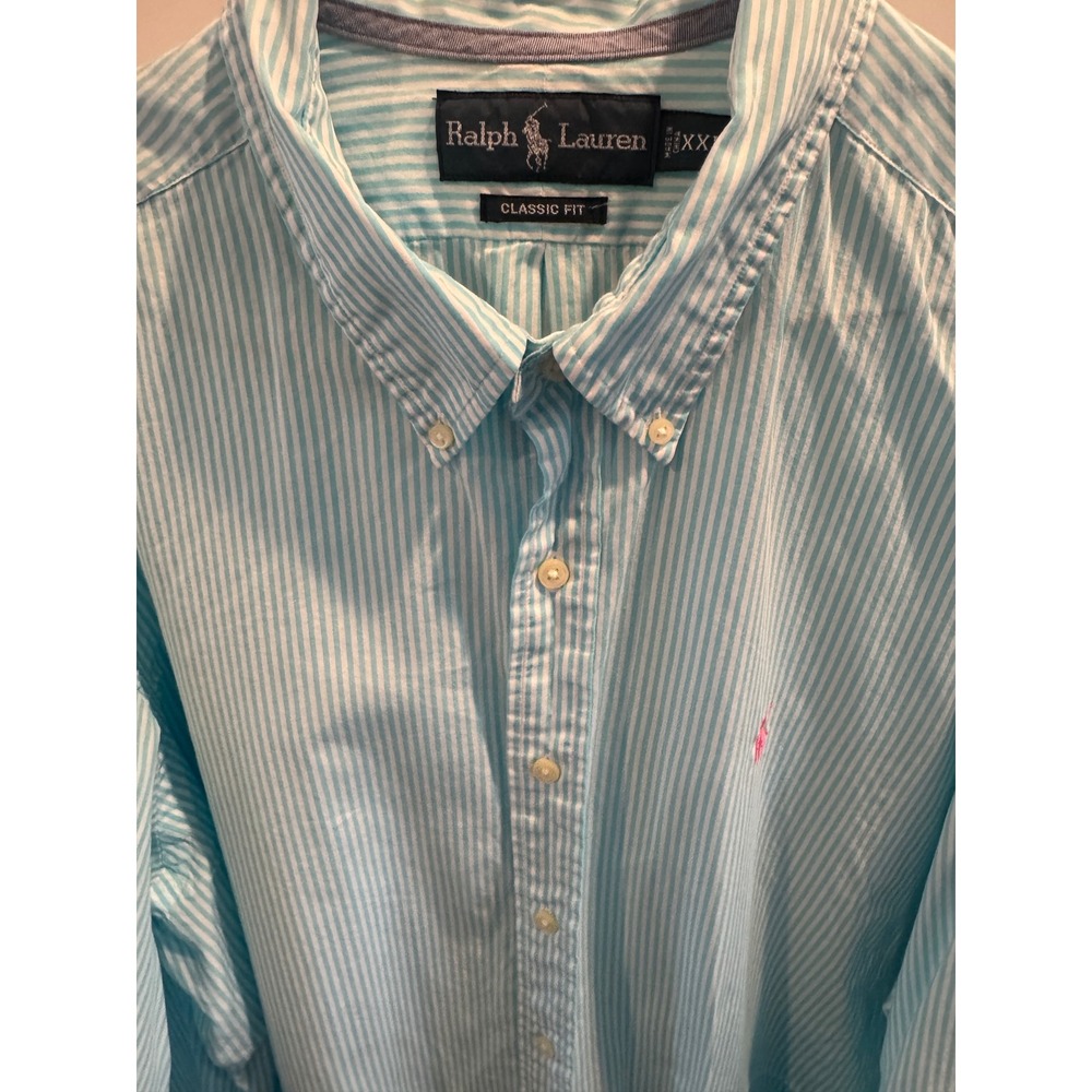 Ralph Lauren Mens XXL Classic Fit Striped Button Down Shirt Turquoise White